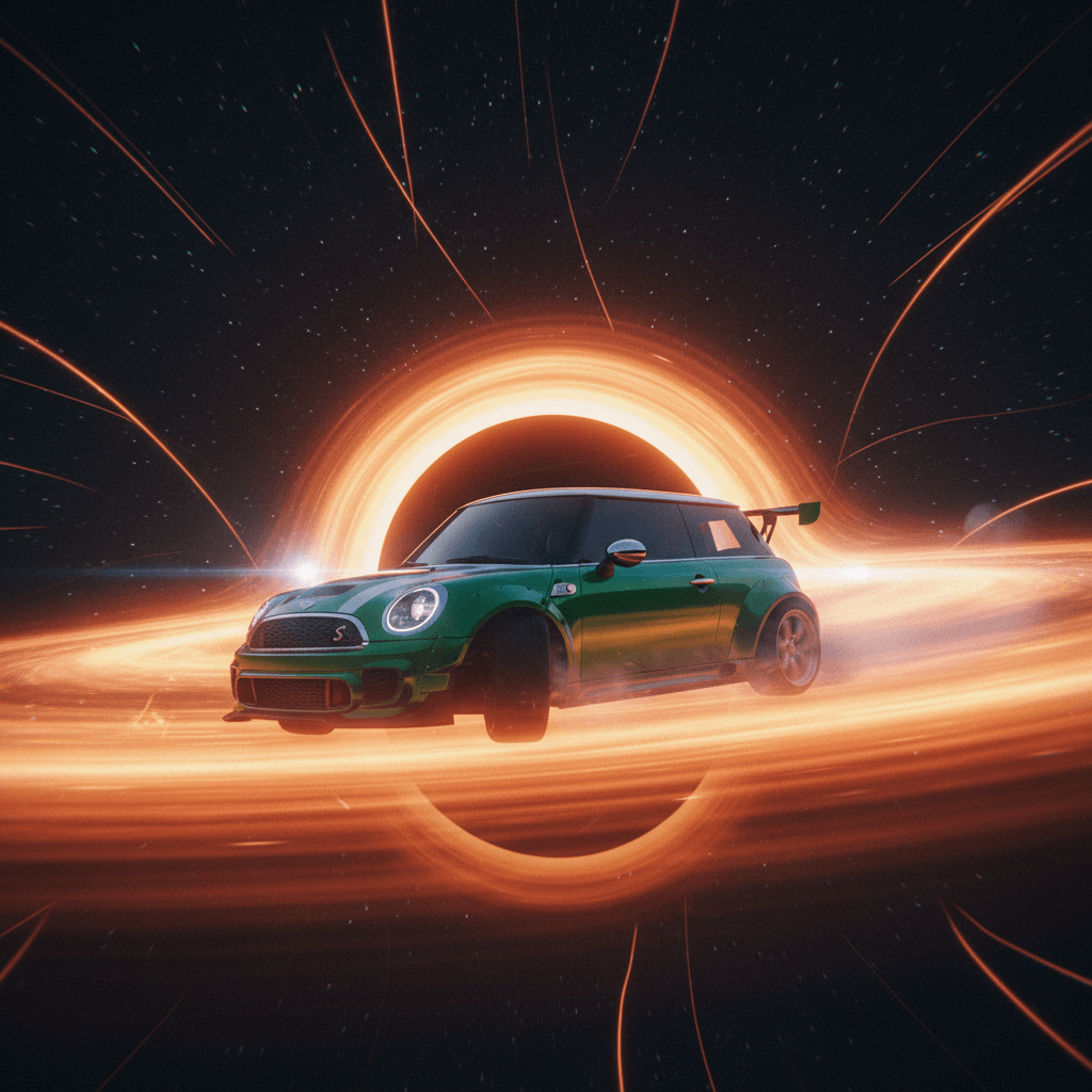 Mini‑Cursy smashing through glass in an EV showroom