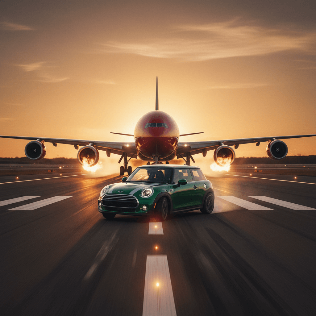 Mini‑Cursy racing across a rainy bridge past New Brisbane