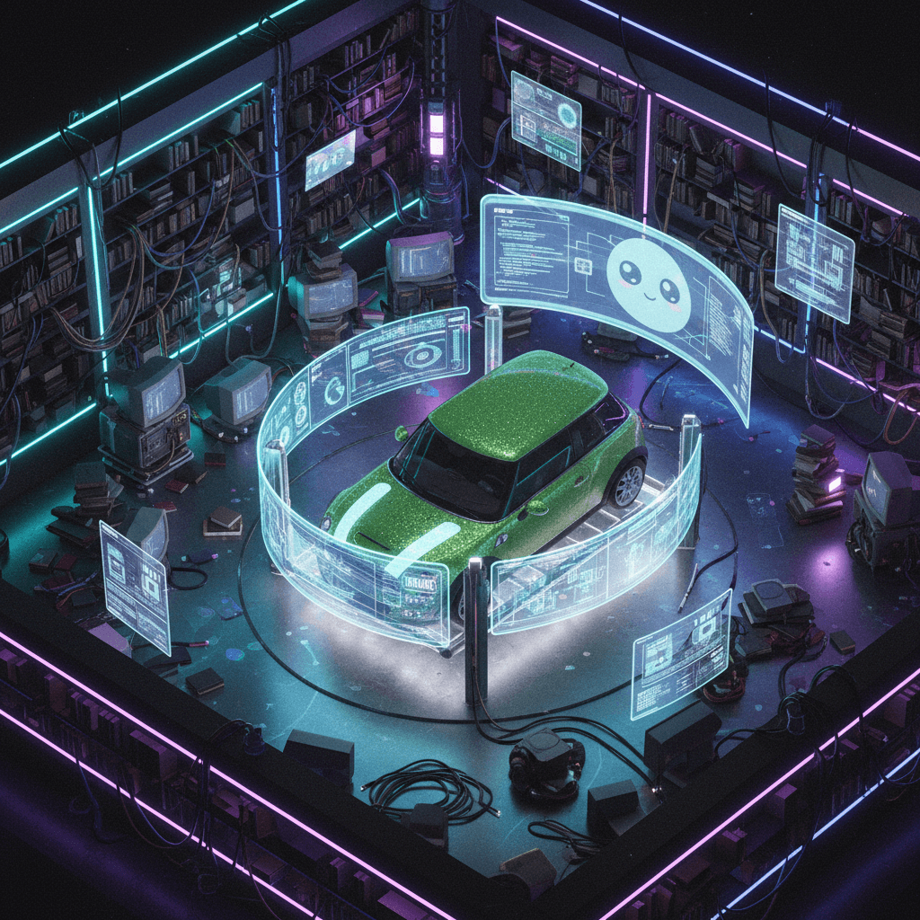 Mini‑Cursy coastal night drive with holographic HUD