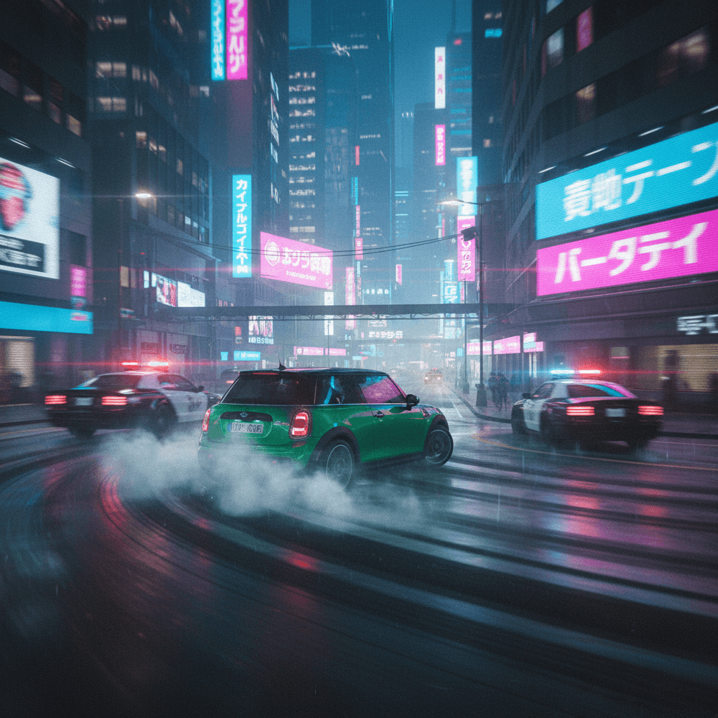 Mini‑Cursy outrunning a jet on an airport runway