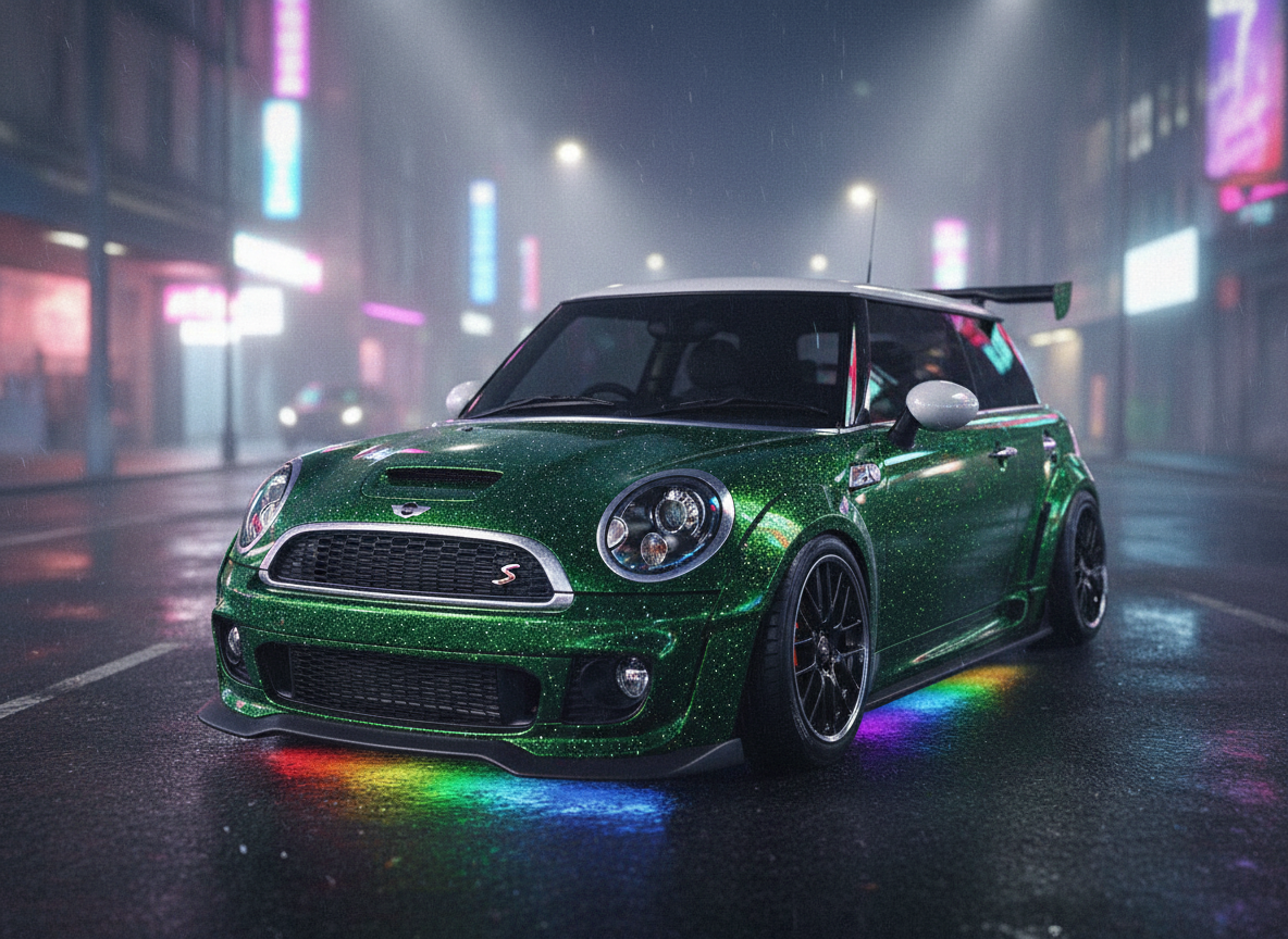 Mini‑Cursy – green glitter Mini Cooper S with rainbow underglow in a neon city street